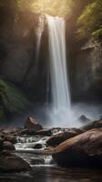 A tranquil vertical view capturing fine mist from a waterfall, showcasing soft details and a spacious layout for text placement. photo