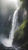 A peaceful vertical composition featuring mist rising from a waterfall, with soft, subtle textures and plenty of space for text. photo