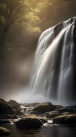 A vertical frame of misty spray emerging from a cascading waterfall, with smooth textures and open areas perfect for overlaying text. photo