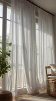 A vertical frame of softly illuminated sheer curtains, their delicate folds adding texture and providing open areas for copy placement. photo