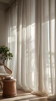 A minimalist close-up of sheer white curtains under soft natural light, creating a tranquil mood and leaving room for text. photo