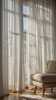 A serene close-up of softly lit sheer white curtains, showcasing gentle folds and a peaceful atmosphere with room for copy. photo