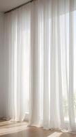 A close-up of delicate sheer white curtains, softly illuminated by natural daylight, exuding a calm ambiance with ample copy space. photo
