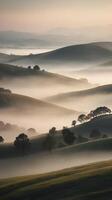 A vertical shot of rolling hills wrapped in early morning fog, muted tones, and a soft gradient sky for text placement. photo