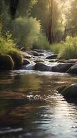 A minimalist vertical scene of a small creek, with flowing water and delicate natural details, offering spacious open areas. photo