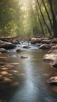 A peaceful vertical image capturing a quiet creek, with calm water lines and soft surrounding textures providing open space. photo