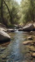 A quiet vertical capture of a small creek with smooth water lines, surrounded by soft natural textures and open areas. photo