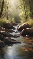 A tranquil vertical shot of a small stream, featuring smooth water patterns and framed by subtle natural elements with clear areas. photo