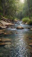 A serene vertical view of a gentle creek, with smooth flowing water, surrounded by soft natural textures and ample open space. photo