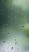 A vertical close-up of raindrops clinging to a glass surface, with a softly blurred natural background and space for text. photo