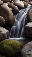 A peaceful vertical composition of a thin waterfall trickling down smooth surfaces, offering spacious negative areas for balance. photo