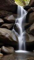 Vertical composition of a narrow waterfall flowing down smooth rocks, creating a tranquil atmosphere with negative space. photo