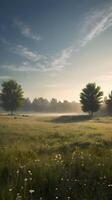 A serene vertical capture of a calm meadow at sunrise, illuminated by soft hazy light, and a wide sky for adding text. photo