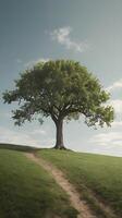 A peaceful vertical shot of a solitary tree on a calm hill, with an empty sky providing ample room for text. photo