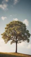A serene vertical view of a single tree standing on a gentle slope, framed by a clear sky perfect for copy placement. photo