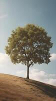 A tranquil vertical image of a lone tree on a soft hill, with an open sky offering plenty of space for text. photo
