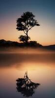 A serene vertical shot of a solitary tree outline against a fading twilight sky, offering ample space above for copy. photo