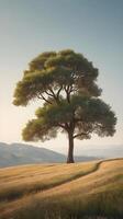 A quiet vertical shot of a single tree on a gentle hill, with a blank sky providing ample copy space. photo