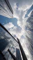 A high-resolution vertical image of a contemporary glass skyscraper reflecting gentle clouds, with ample negative space around it. photo