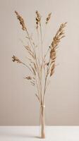 A minimalist vertical shot of dried floral stems on a neutral background, with ample space for text or design elements. photo