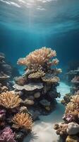 A vertical underwater shot of a coral reef with soft lighting, neutral tones, and space for text or design. photo