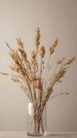A vertical display of dried floral stems set against a blank, neutral background, offering a minimalist look with space for text. photo