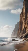 A serene vertical composition of steep sea cliffs, soft waves rolling at the foot, and a vast sky providing space for design. photo