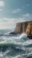 A quiet vertical shot of towering sea cliffs with soft waves at the base and blank sky for design purposes. photo