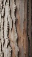 A close-up vertical image of textured tree bark, featuring soft earthy hues and clear space for text or design elements. photo