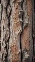 A detailed shot of vertical tree bark, with natural textured patterns and muted earthy tones, offering room for overlaying text. photo
