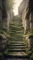 A vertical view of an old stone staircase, marked with moss and age, offering open sky or background space for text. photo