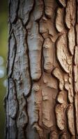 A high-detail photo of textured vertical tree bark, with muted earthy tones and space for overlaying designs or text.