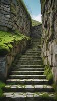 A detailed vertical image of a stone staircase aged with moss and wear, with ample background space for design or text placement. photo
