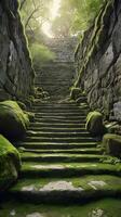 A vertical composition of an ancient stone staircase, textured with moss and wear, leaving a clean backdrop for overlays. photo