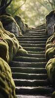 A vertical shot of an ancient stone staircase, weathered with moss and wear, providing clear space for a background or text. photo