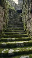 A vertical capture of an ancient stone staircase, textured with moss and wear, offering clean sky or background space. photo