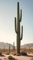 A vertical view of tall cacti in a peaceful desert setting, softly lit with warm light and plenty of space for text. photo
