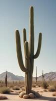 A vertical image of towering cacti in a peaceful desert, bathed in warm light, with a clear sky for text placement. photo