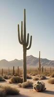A serene vertical shot of tall cacti in a quiet desert scene, illuminated by warm light, with open sky space for text. photo