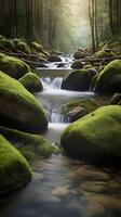A tranquil vertical shot of a narrow mountain creek flowing through moss-covered rocks, with ample space for text. photo