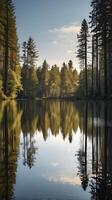 A vertical composition of a serene river reflecting tall trees, creating a mirrored effect with plenty of space for copy. photo