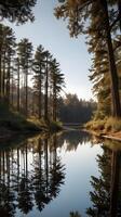 A tranquil vertical view of a river reflecting towering trees, creating a perfect mirror effect with open sky space for text. photo