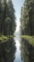 A serene vertical shot of a still river mirroring tall trees, offering a peaceful reflection and ample room for text placement. photo