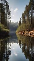 A vertical image of a calm river reflecting tall trees, creating a mirror-like effect, with clear sky space for text. photo
