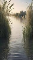 A tranquil vertical view of tall reeds along a riverbank, swaying gently with soft reflections on the water and ample space for text. photo