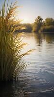 A peaceful vertical image of a riverbank with tall reeds swaying gently, reflected softly in the water, with clear space for text. photo