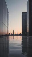 A vertical capture of an urban skyline at dusk, with calm colors and reflections, and plenty of open sky space for text. photo