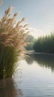 A tranquil vertical shot of a riverbank with tall reeds swaying gently, soft reflections in the water, and space for text. photo