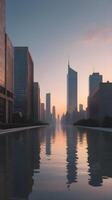 A vertical shot of an urban skyline at dusk with muted colors, calm reflections, and open sky for copy space. photo