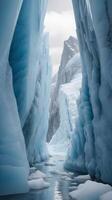 A tranquil vertical view of a glacier's reflective ice surface, with detailed patterns and blank sky above for text placement. photo